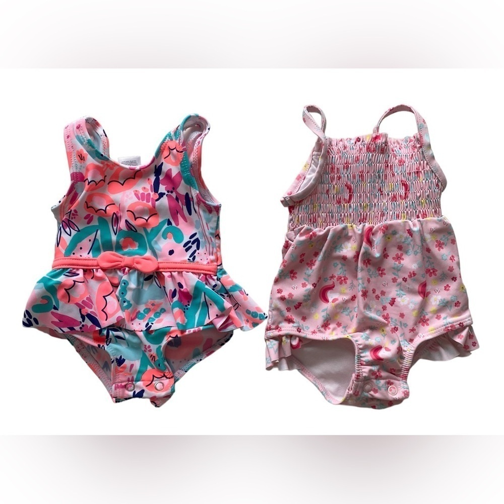Carter’s Baby Girl Lot Of 2 Floral One Piece Swim Bundle Lined Bathing Suits 3M